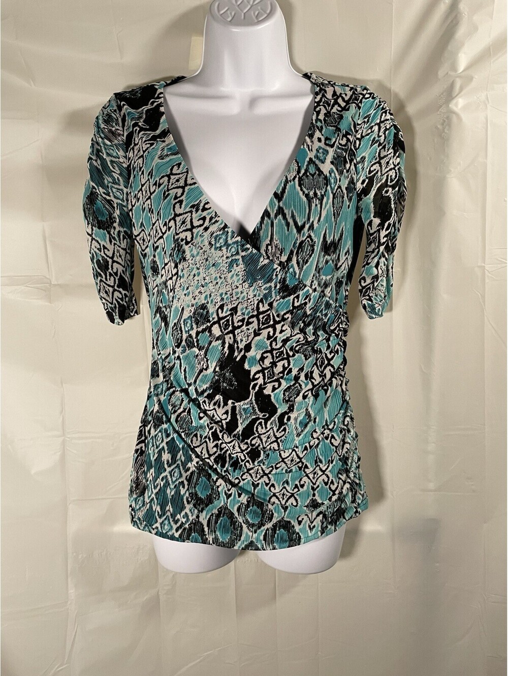 Vintage Dots Women's M Blouse Turquoise Black Mixed Print Wrap Top NWT Ruched